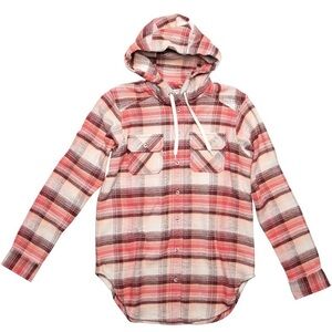 KAVU Jess hooded long sleeve flannel pink Red Plaid button up Shirt small